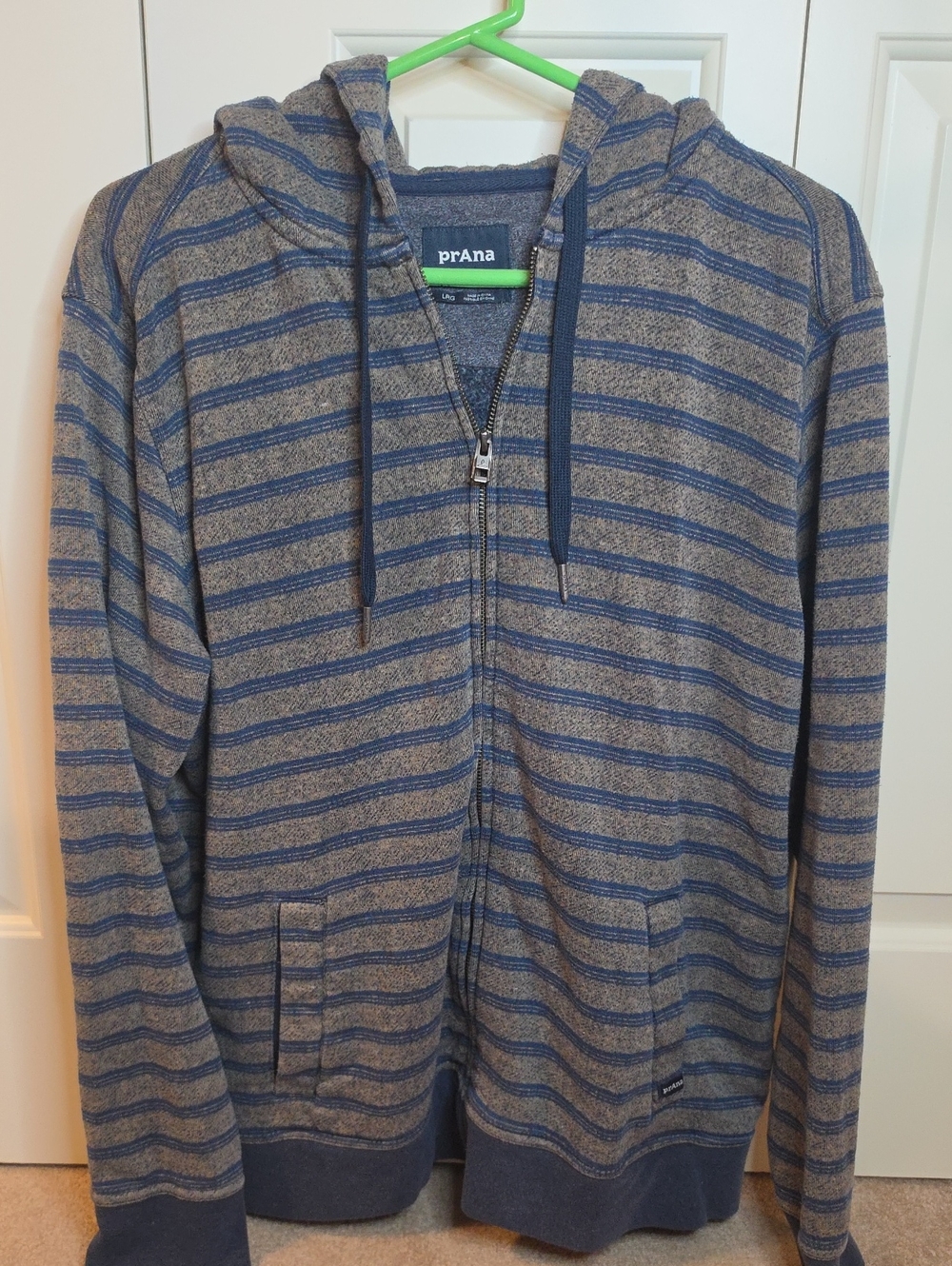 Prana Men's Blue and Gray Striped Zip-Up Hoodie